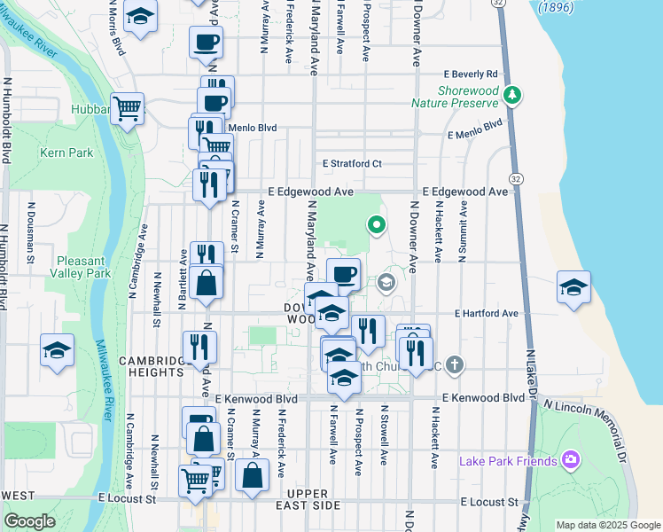map of restaurants, bars, coffee shops, grocery stores, and more near 3400 North Maryland Avenue in Milwaukee