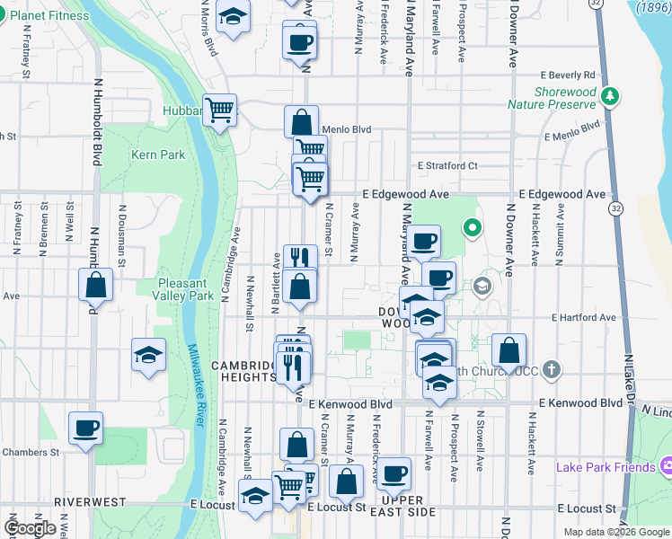 map of restaurants, bars, coffee shops, grocery stores, and more near 3423 North Cramer Street in Milwaukee