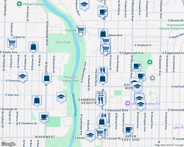 map of restaurants, bars, coffee shops, grocery stores, and more near 3423 North Bartlett Avenue in Milwaukee