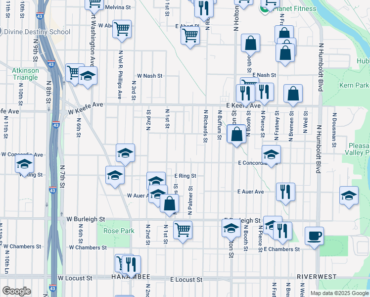 map of restaurants, bars, coffee shops, grocery stores, and more near 3372 North Palmer Street in Milwaukee