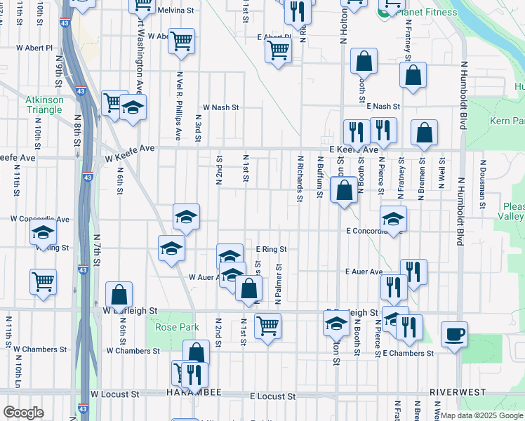 map of restaurants, bars, coffee shops, grocery stores, and more near 3368 North 1st Street in Milwaukee