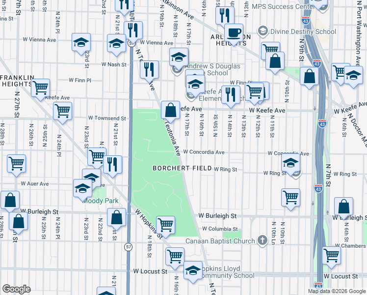 map of restaurants, bars, coffee shops, grocery stores, and more near 3338 North 18th Street in Milwaukee
