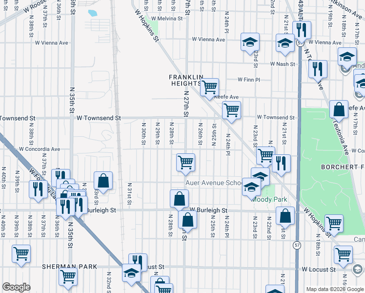 map of restaurants, bars, coffee shops, grocery stores, and more near 3338 North 28th Street in Milwaukee