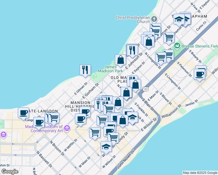 map of restaurants, bars, coffee shops, grocery stores, and more near 311 North Hancock Street in Madison