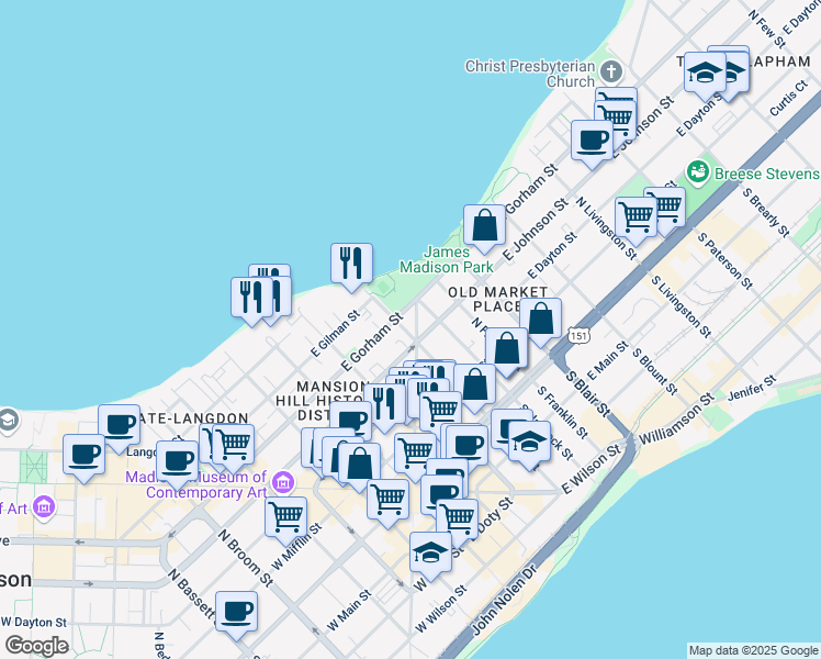 map of restaurants, bars, coffee shops, grocery stores, and more near 302 East Gorham Street in Madison