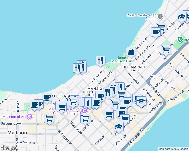 map of restaurants, bars, coffee shops, grocery stores, and more near 122 East Gilman Street in Madison