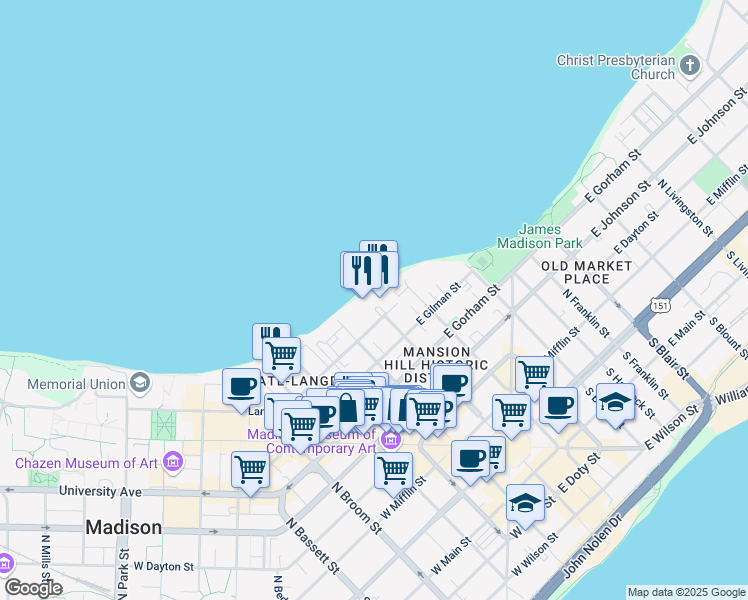 map of restaurants, bars, coffee shops, grocery stores, and more near 530 North Pinckney Street in Madison