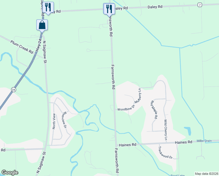 map of restaurants, bars, coffee shops, grocery stores, and more near 1733 Farnsworth Road in Lapeer
