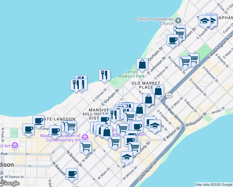 map of restaurants, bars, coffee shops, grocery stores, and more near 151 East Gorham Street in Madison