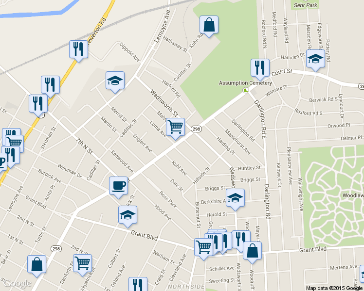 map of restaurants, bars, coffee shops, grocery stores, and more near Bridge St in Onondaga County