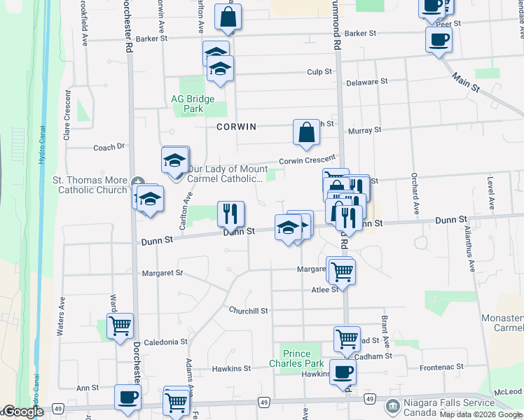 map of restaurants, bars, coffee shops, grocery stores, and more near in Niagara Falls