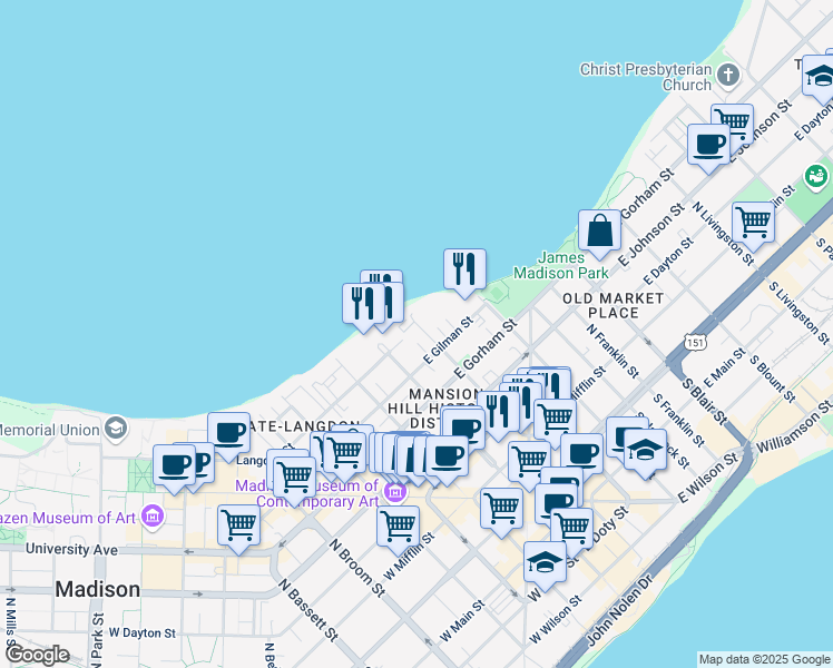 map of restaurants, bars, coffee shops, grocery stores, and more near 522 North Pinckney Street in Madison