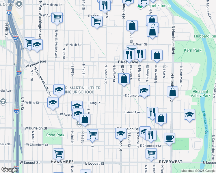 map of restaurants, bars, coffee shops, grocery stores, and more near 3374 North Richards Street in Milwaukee