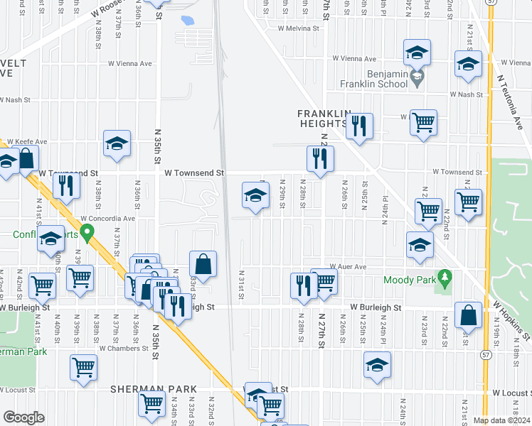 map of restaurants, bars, coffee shops, grocery stores, and more near 3306 North 30th Street in Milwaukee