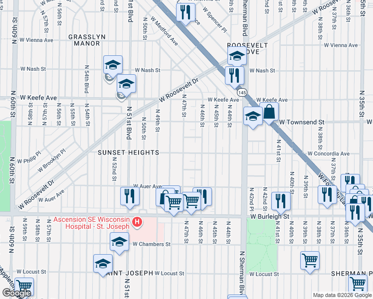 map of restaurants, bars, coffee shops, grocery stores, and more near 4625 West Bernhard Place in Milwaukee