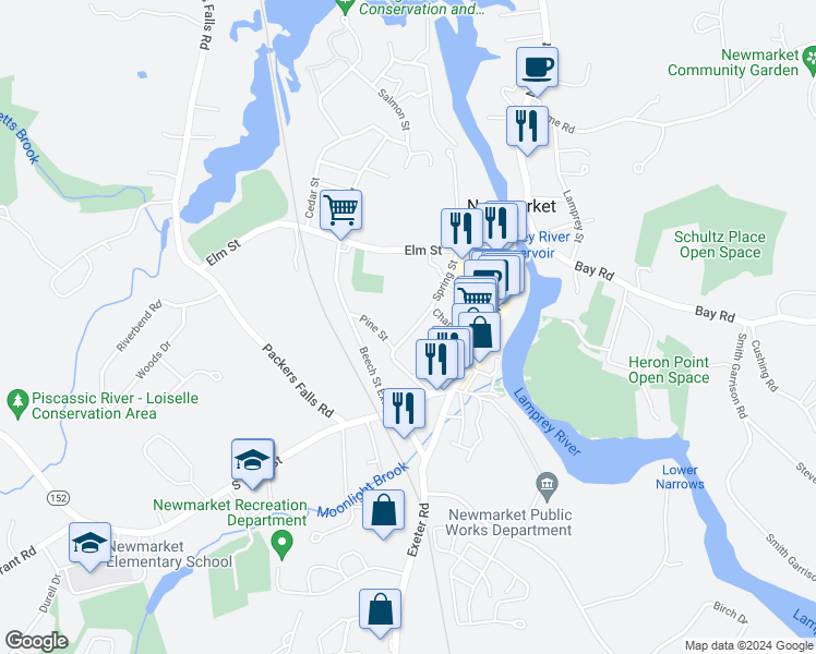 map of restaurants, bars, coffee shops, grocery stores, and more near 32 Spring Street in Newmarket