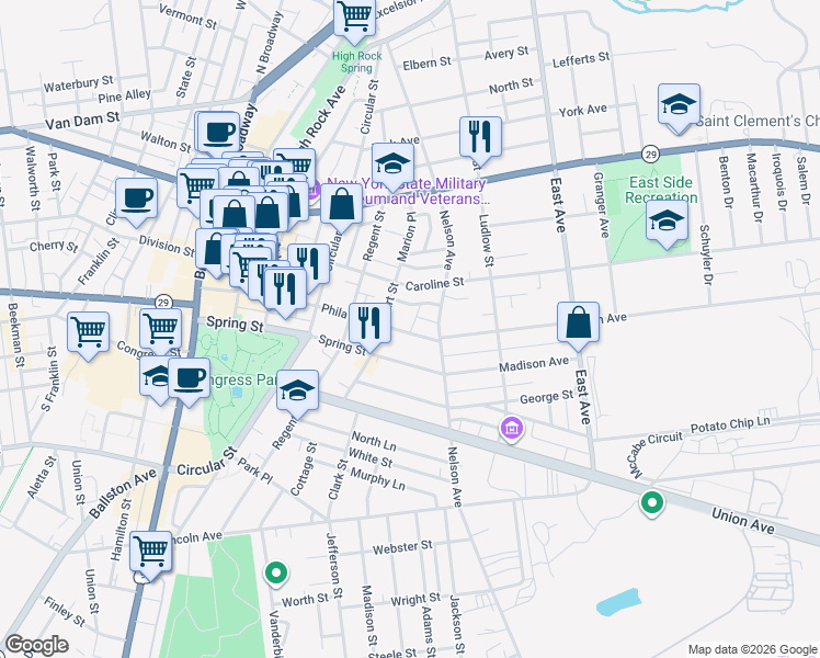 map of restaurants, bars, coffee shops, grocery stores, and more near 8 Talford Place in Saratoga Springs