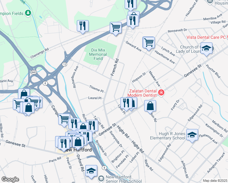 map of restaurants, bars, coffee shops, grocery stores, and more near 119 Lyon Place in Utica