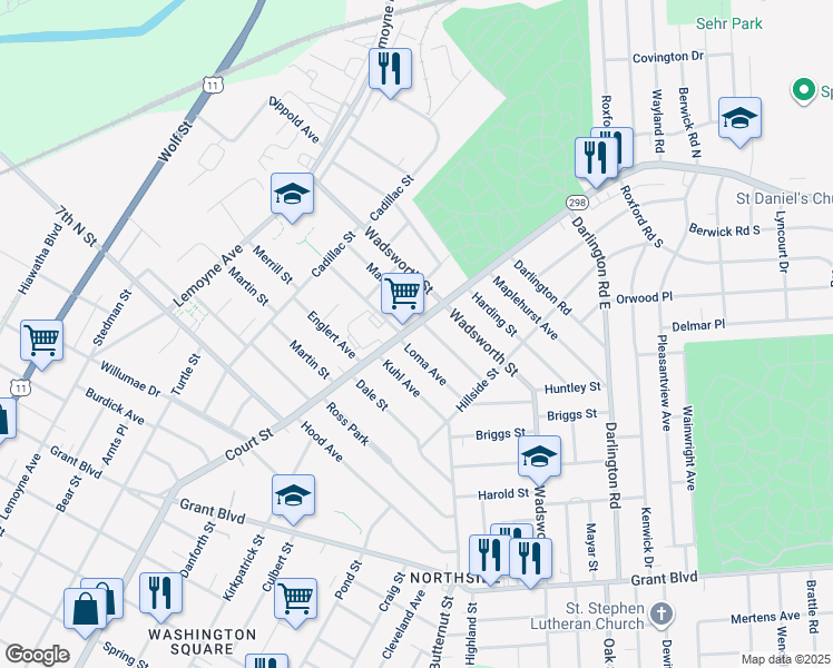 map of restaurants, bars, coffee shops, grocery stores, and more near 219 Malverne Drive in Syracuse