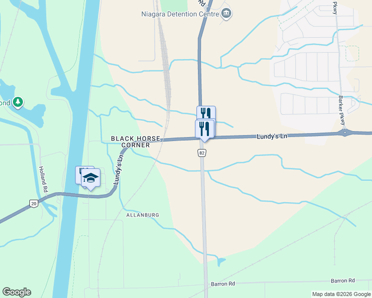 map of restaurants, bars, coffee shops, grocery stores, and more near 13225 Regional Road 20 in Thorold
