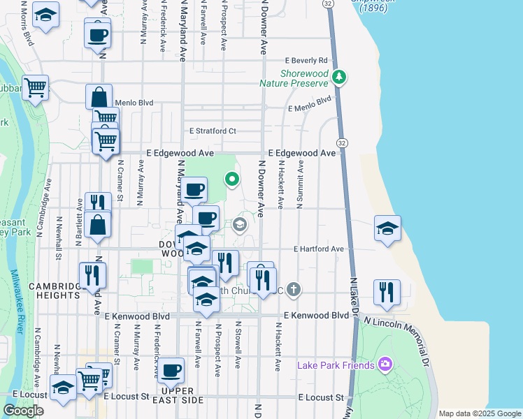 map of restaurants, bars, coffee shops, grocery stores, and more near 3424 North Downer Avenue in Milwaukee