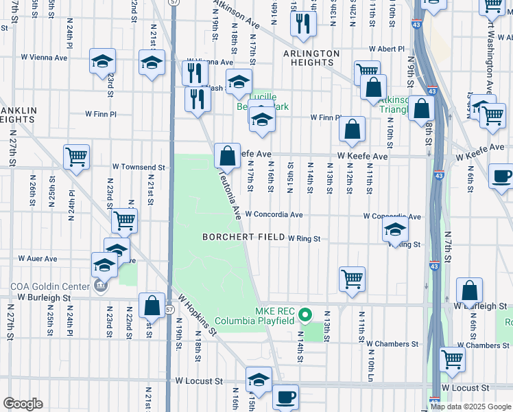 map of restaurants, bars, coffee shops, grocery stores, and more near 3347 North 16th Street in Milwaukee