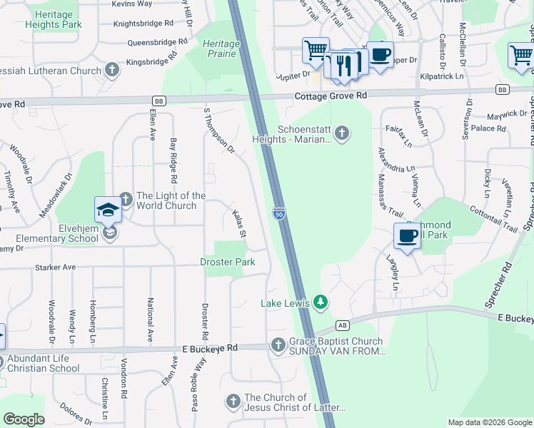 map of restaurants, bars, coffee shops, grocery stores, and more near 1307 South Thompson Drive in Madison