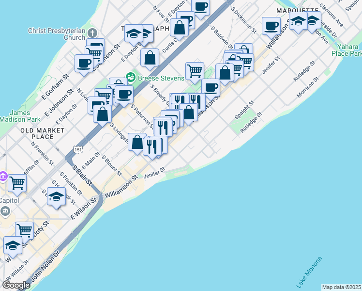 map of restaurants, bars, coffee shops, grocery stores, and more near 933 Williamson Street in Madison