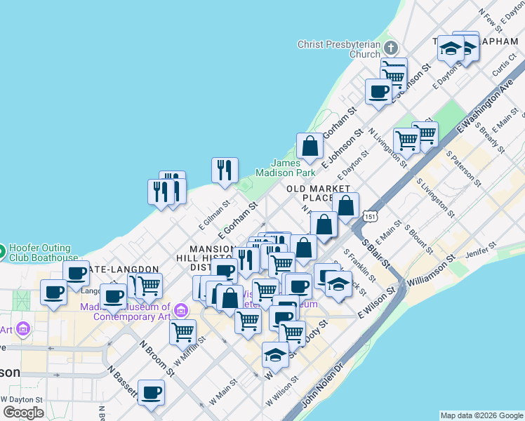 map of restaurants, bars, coffee shops, grocery stores, and more near 302 East Gorham Street in Madison
