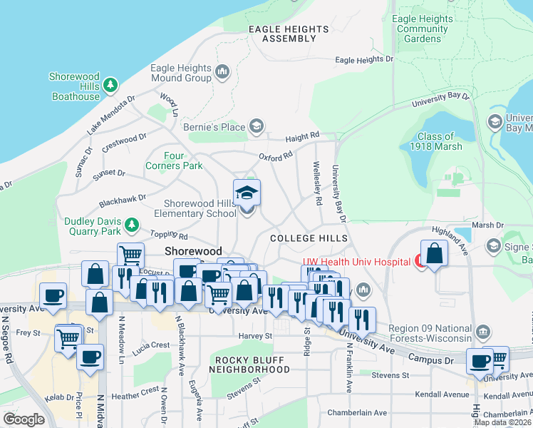 map of restaurants, bars, coffee shops, grocery stores, and more near 1114 Amherst Drive in Madison