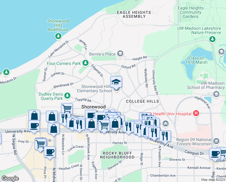 map of restaurants, bars, coffee shops, grocery stores, and more near 1120 Shorewood Boulevard in Madison