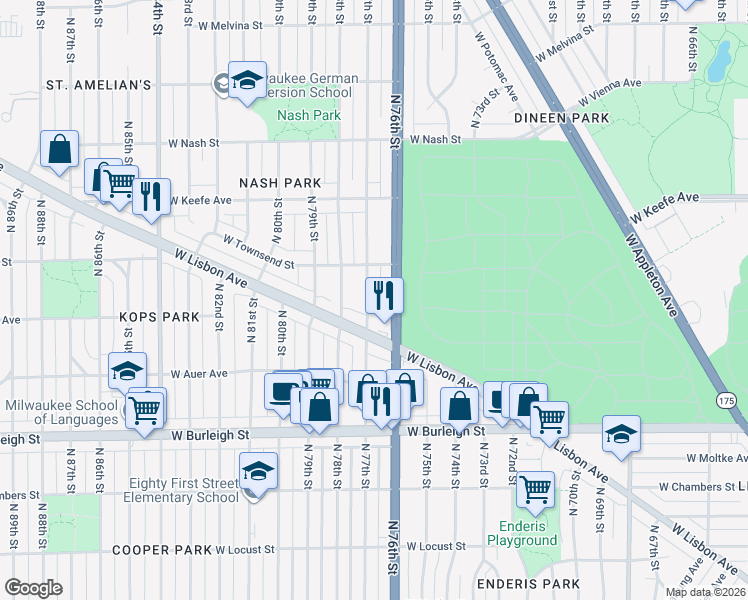 map of restaurants, bars, coffee shops, grocery stores, and more near 3316 North 77th Street in Milwaukee