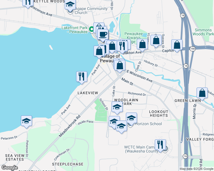 map of restaurants, bars, coffee shops, grocery stores, and more near 173 Lake Street in Pewaukee