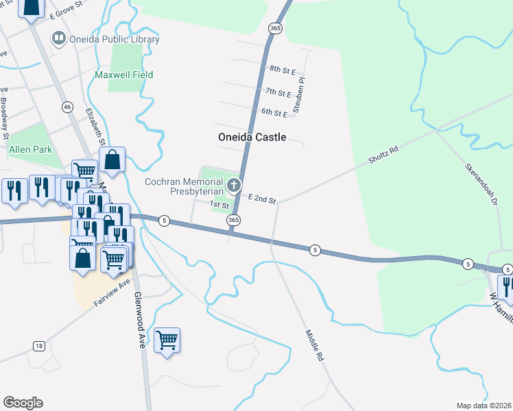 map of restaurants, bars, coffee shops, grocery stores, and more near 27 East 2nd Street in Oneida