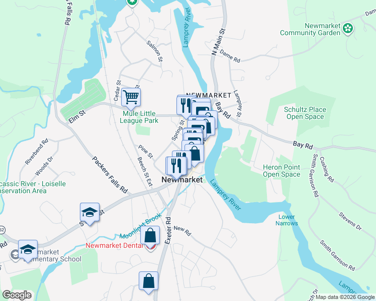 map of restaurants, bars, coffee shops, grocery stores, and more near 19 Central Street in Newmarket