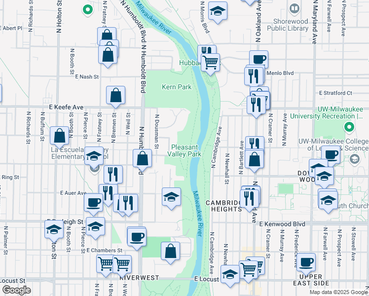 map of restaurants, bars, coffee shops, grocery stores, and more near 1301 E Concordia Ave in Milwaukee