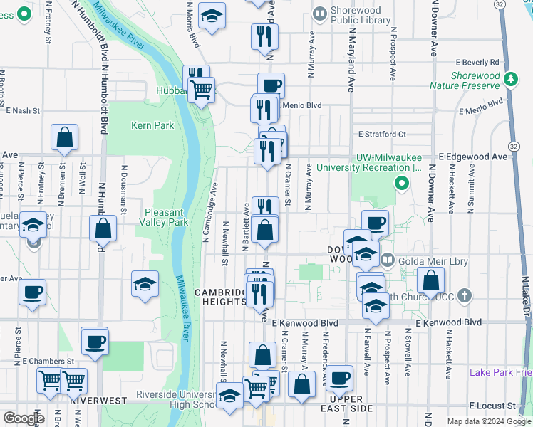 map of restaurants, bars, coffee shops, grocery stores, and more near N Oakland Ave & E Newport Ave in Milwaukee