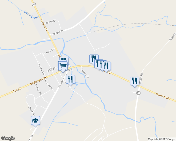 map of restaurants, bars, coffee shops, grocery stores, and more near 5322 East Seneca Street in Vernon