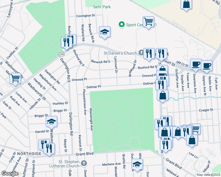map of restaurants, bars, coffee shops, grocery stores, and more near 439 Delmar Place in Syracuse