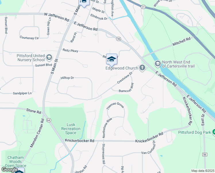 map of restaurants, bars, coffee shops, grocery stores, and more near 53 Crestview Drive in Pittsford