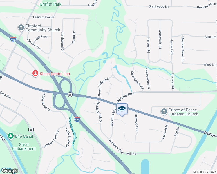 map of restaurants, bars, coffee shops, grocery stores, and more near 44 Green Valley Road in Pittsford