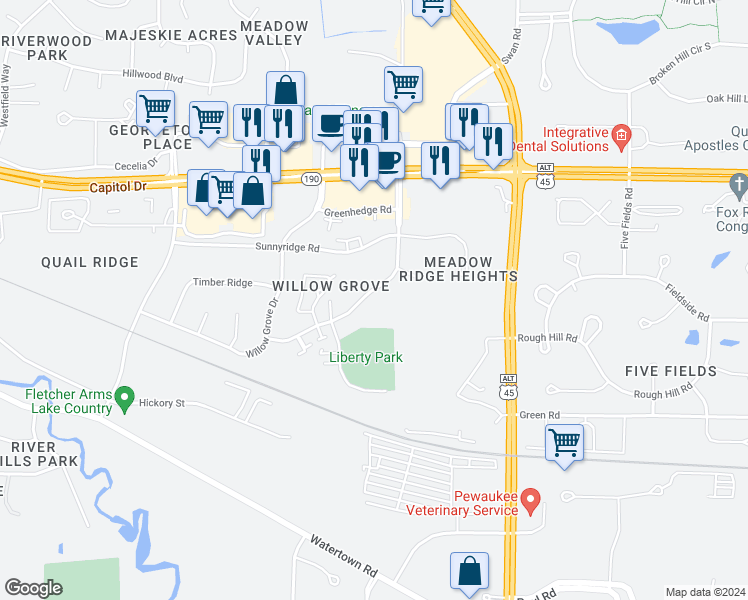 map of restaurants, bars, coffee shops, grocery stores, and more near 1376 Meadowcreek Drive in Pewaukee