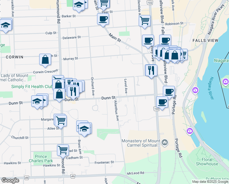 map of restaurants, bars, coffee shops, grocery stores, and more near 5837 Dunn Street in Niagara Falls