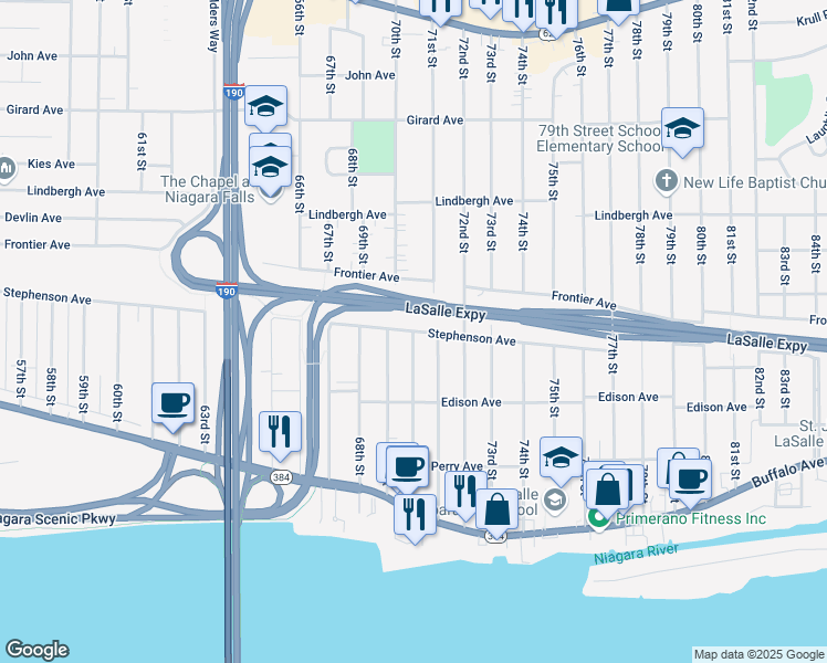 map of restaurants, bars, coffee shops, grocery stores, and more near Stephenson Ave & 70th St in Niagara Falls