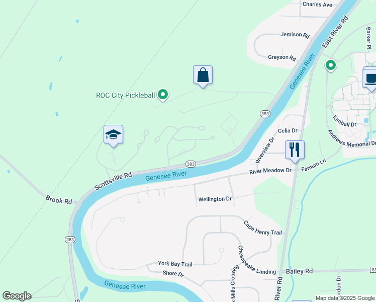 map of restaurants, bars, coffee shops, grocery stores, and more near 99 Scottcross Lane in Rochester