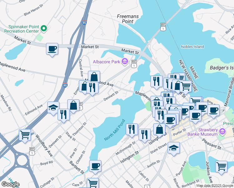 map of restaurants, bars, coffee shops, grocery stores, and more near 36 North School Street in Portsmouth
