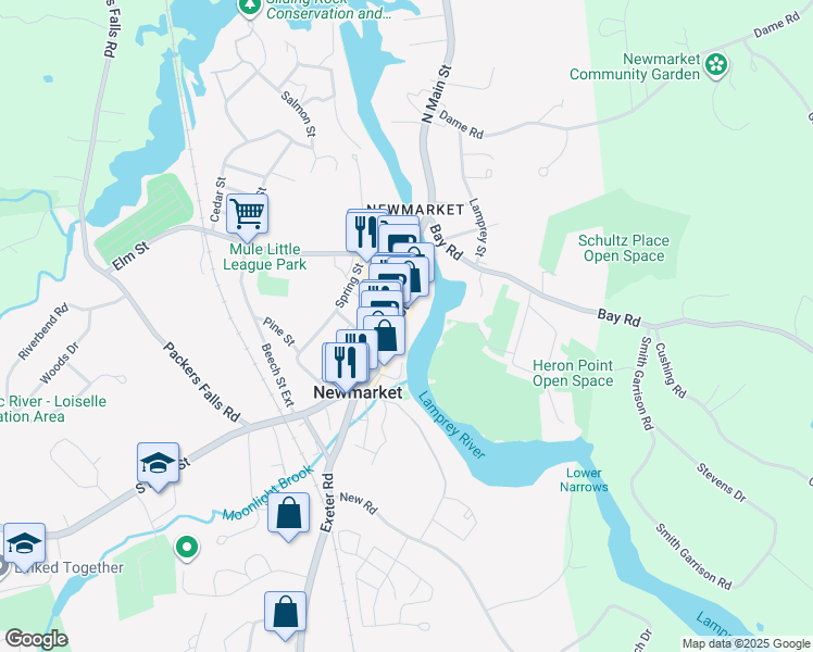 map of restaurants, bars, coffee shops, grocery stores, and more near 55 Main Street in Newmarket