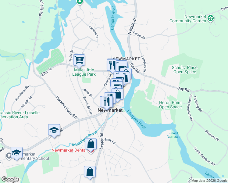 map of restaurants, bars, coffee shops, grocery stores, and more near 19 Central Street in Newmarket