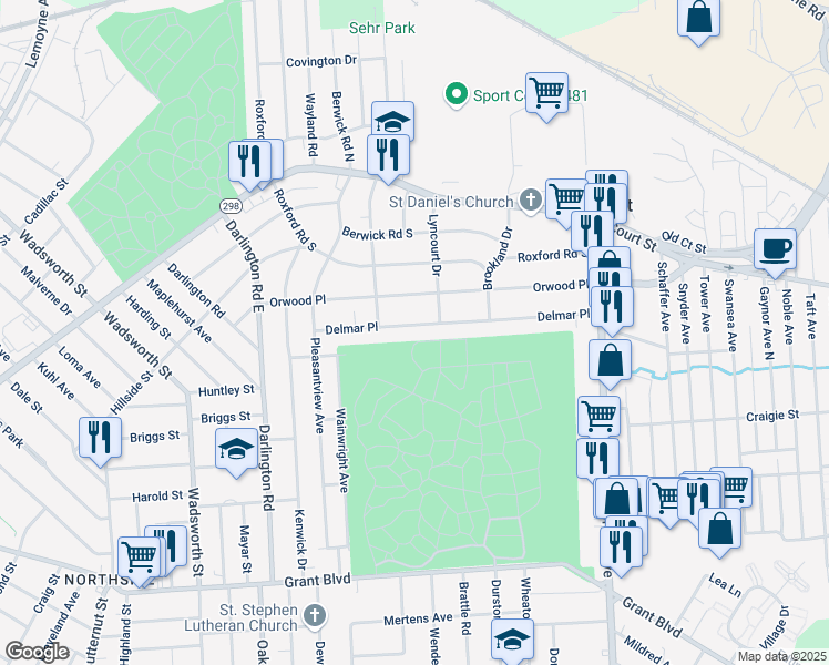 map of restaurants, bars, coffee shops, grocery stores, and more near 439 Delmar Place in Syracuse