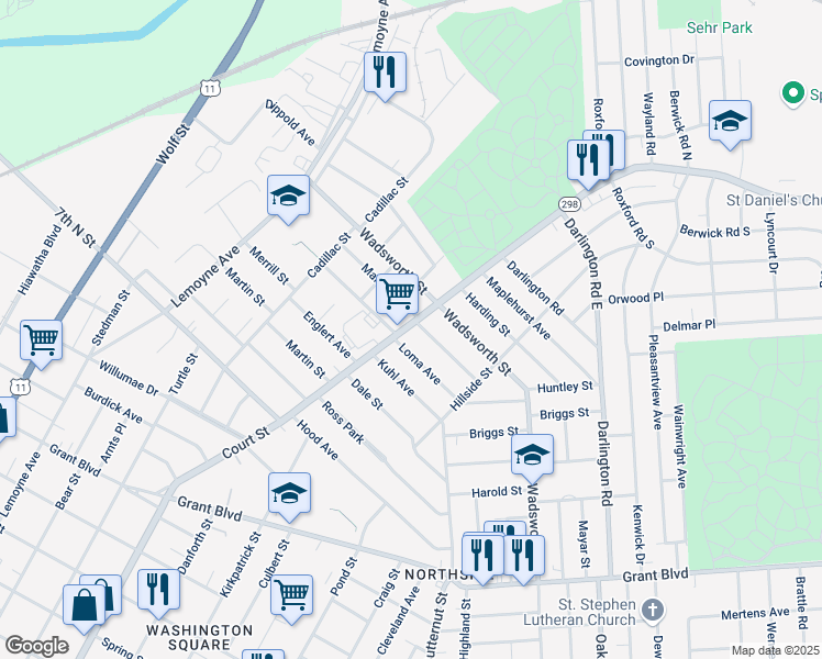map of restaurants, bars, coffee shops, grocery stores, and more near 219 Malverne Drive in Syracuse